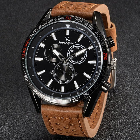 V6 V0270 Mens Quartz Watch with Tan Leather Band/Black Face