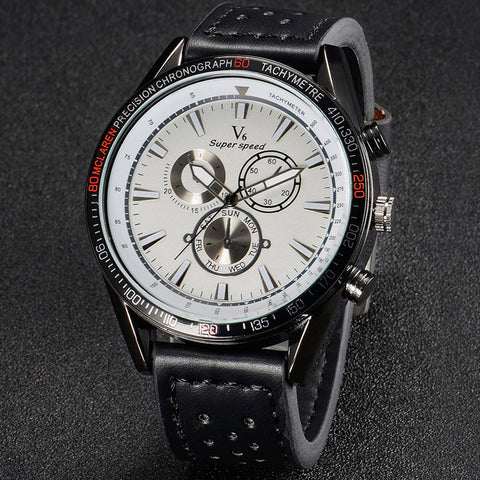 V6 V0270 Male Quartz Watch with Black Leather Band/White Face