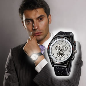 V6 V0270 Male Quartz Watch with Black Leather Band/White Face